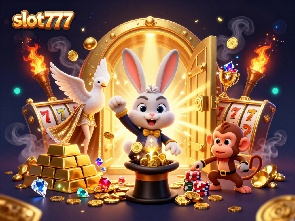Experience excitement with slot777 in a vibrant, magical casino scene filled with treasures.