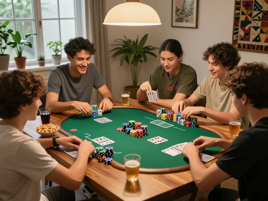 Những người bạn tham gia vào một trò chơi poker thú vị trong khi phân tích các chiến lược kèo nhà cái m88 tại nhà với những quân chip đầy màu sắc.