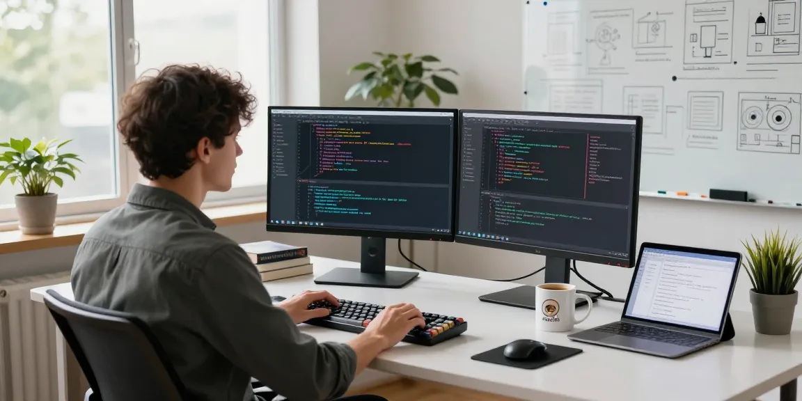 Kobold AI workspace featuring a software engineer coding at a modern workstation, highlighting AI model diagrams and productivity elements.