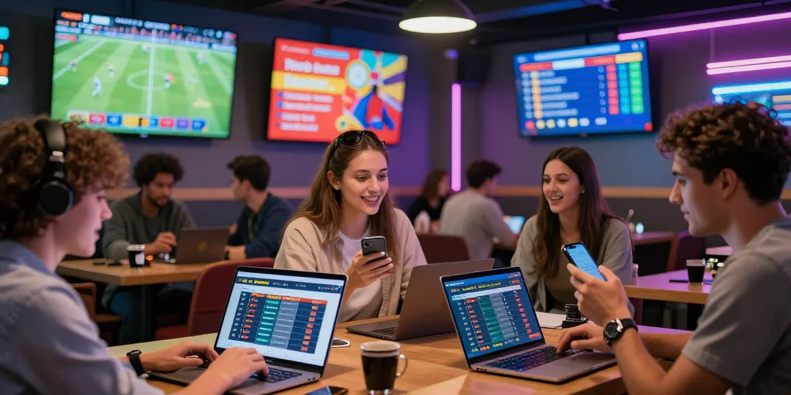 Enthusiastic bettors engaging with Bandar Bola sports betting technology in a vibrant cyber café atmosphere.