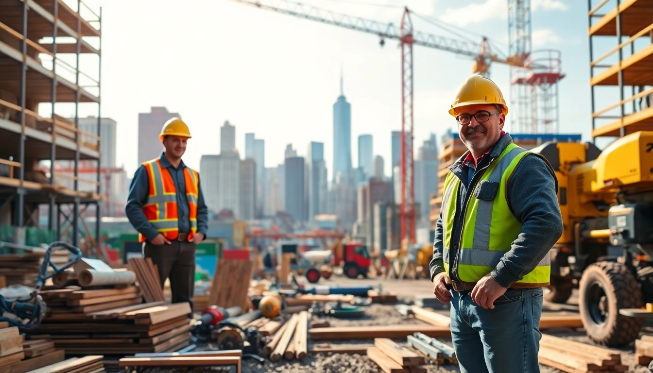 Manhattan General Contractor overseeing construction work with safety equipment in a vibrant city setting.