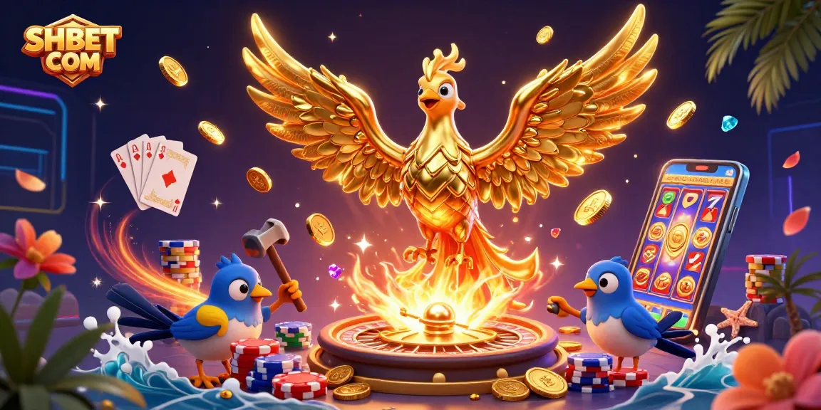 Experience thrilling gaming with SHBET COM as a golden phoenix emerges from a forge, surrounded by dynamic casino elements.