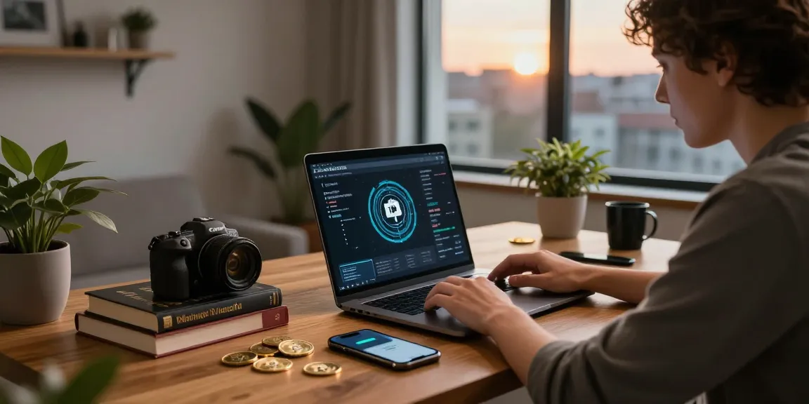 Beginner cloud mining platform illustrated in a cozy crypto learning workspace with digital wallets, blockchain books, and DeFi studies.