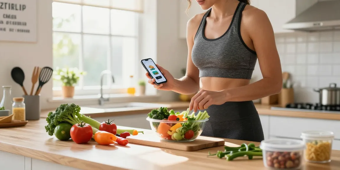 Using the best weight loss app, a person tracks nutrition while preparing a healthy meal in a modern kitchen.