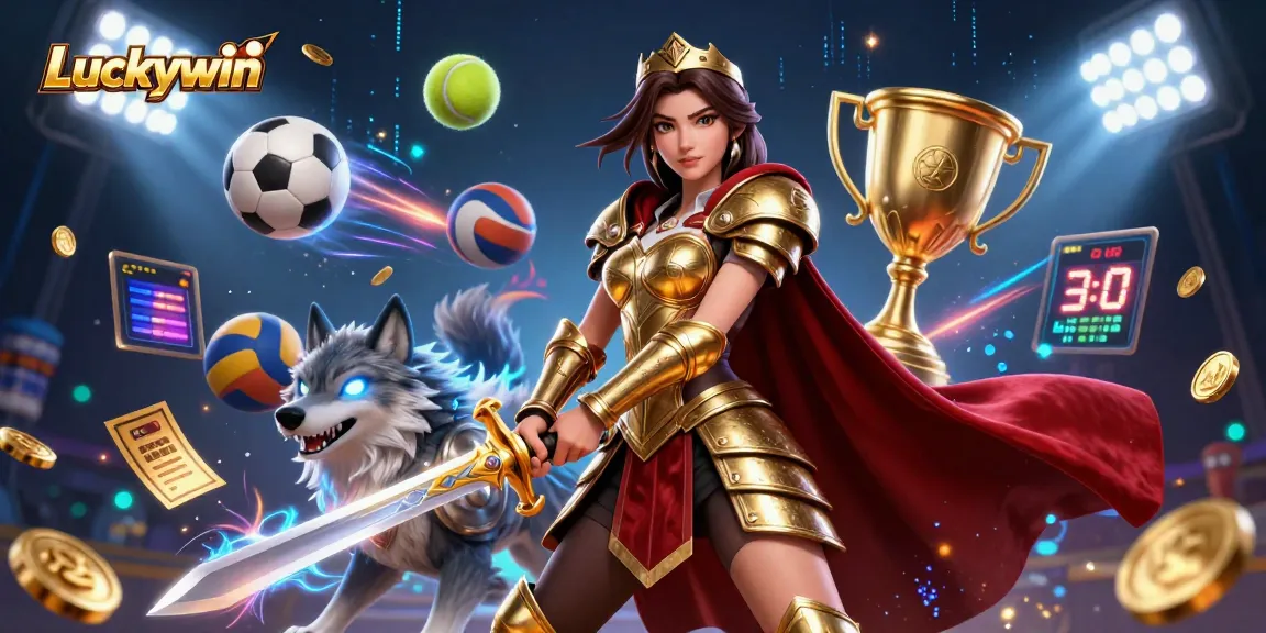 Experience thrilling gameplay at Luckywin with a warrior queen and her armored wolf, surrounded by gaming elements.