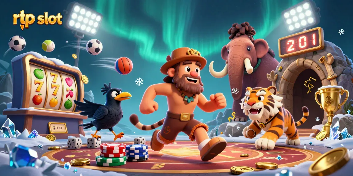 Experience the thrill of rtp slot gaming with prehistoric characters in a dynamic casino scene.