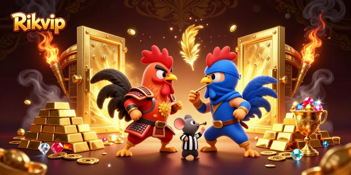 Engage in thrilling gameplay at Rikvip with cartoon samurai and ninja roosters in an immersive casino scene.