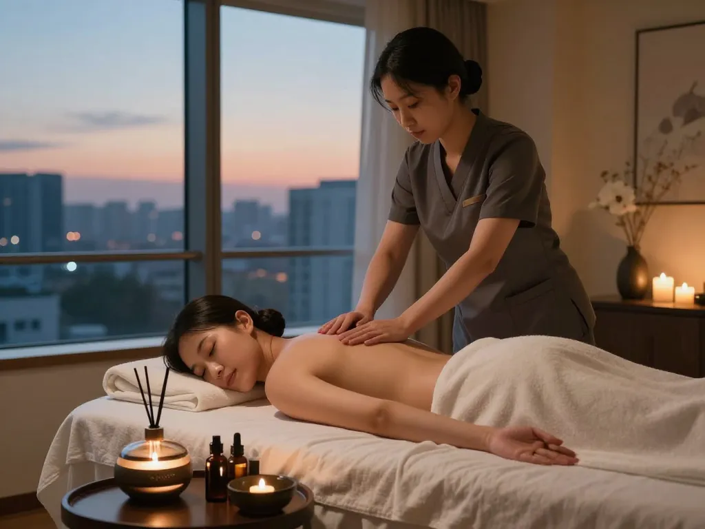 Relaxing 인천 출장마사지 session in a luxury hotel room with soothing ambiance and professional therapist.