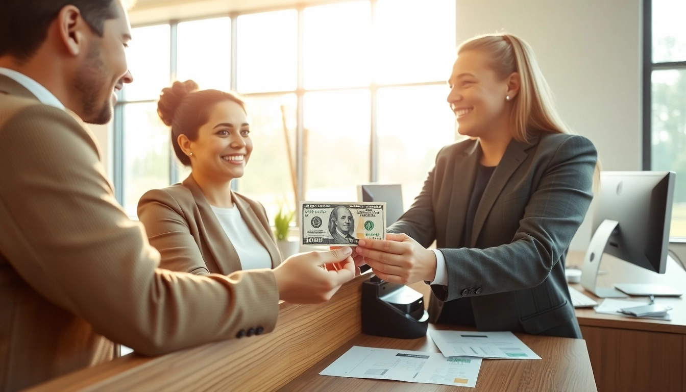 Menggunakan deposit 1k dengan aman di kantor bank modern.