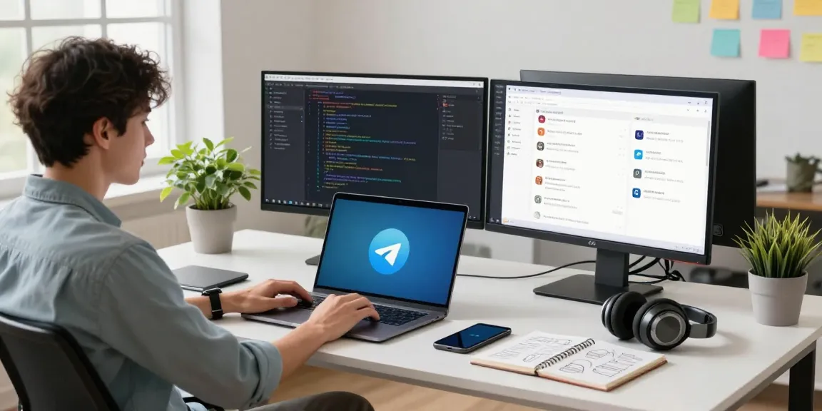 Young professional using the 纸飞机中文版 app in a modern tech workspace with dual monitors and coding interfaces.