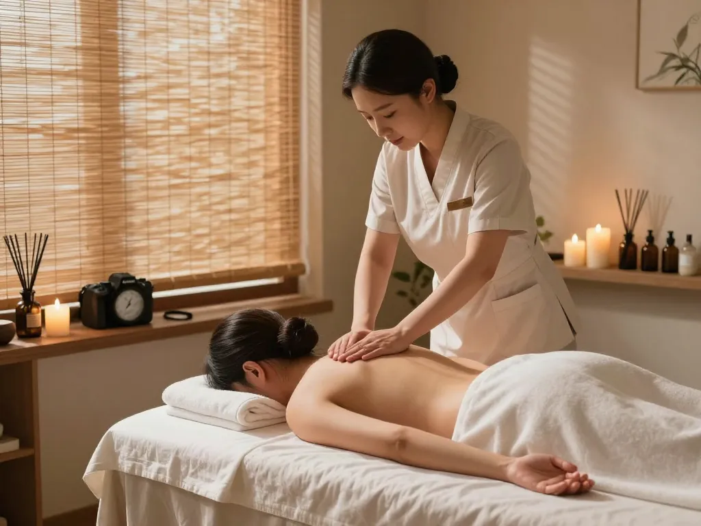 Relaxing 신사동마사지 session in a serene spa with candles and natural light.
