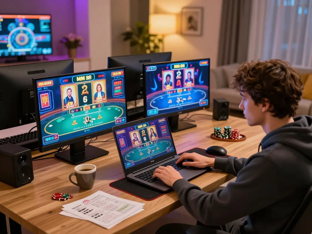 Person engaged in MM 88 online gaming at home, showcasing a lively laptop interface.