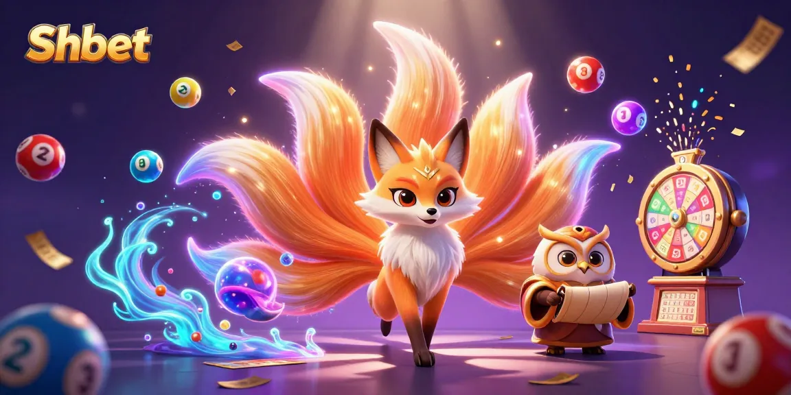 Experience excitement at Shbet with a vibrant illustration of a magical lottery game scene featuring a fox spirit and a wise owl.