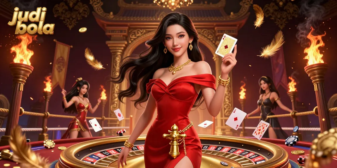 Engaging scene showcasing judi bola with a confident woman and golden roulette, surrounded by dynamic gaming elements.
