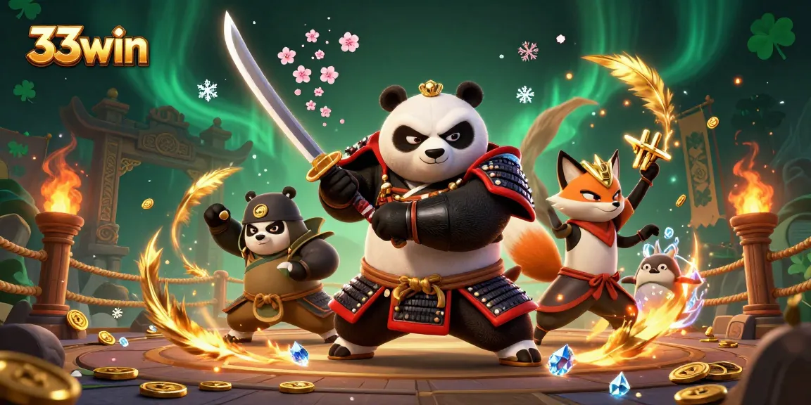 Engage with thrilling games and rewards at 33win, featuring vibrant samurai panda and ninja fox in a dynamic gambling scene.