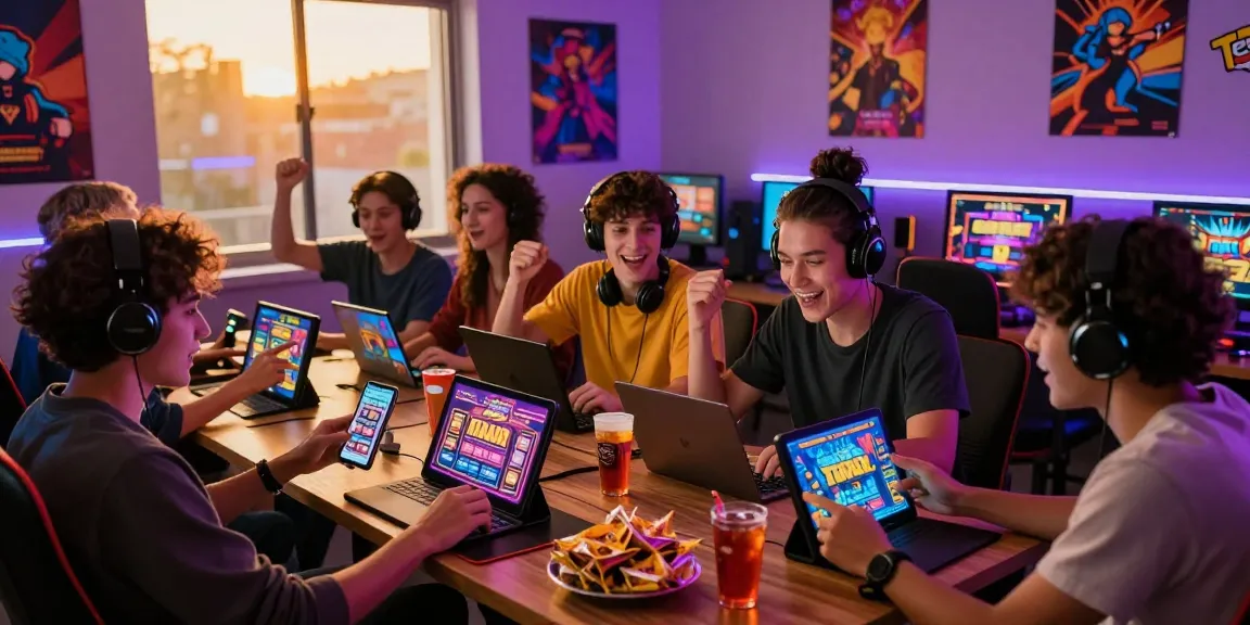 Friends enjoying a lively session of slot gacor games online, surrounded by snacks and vibrant decor.