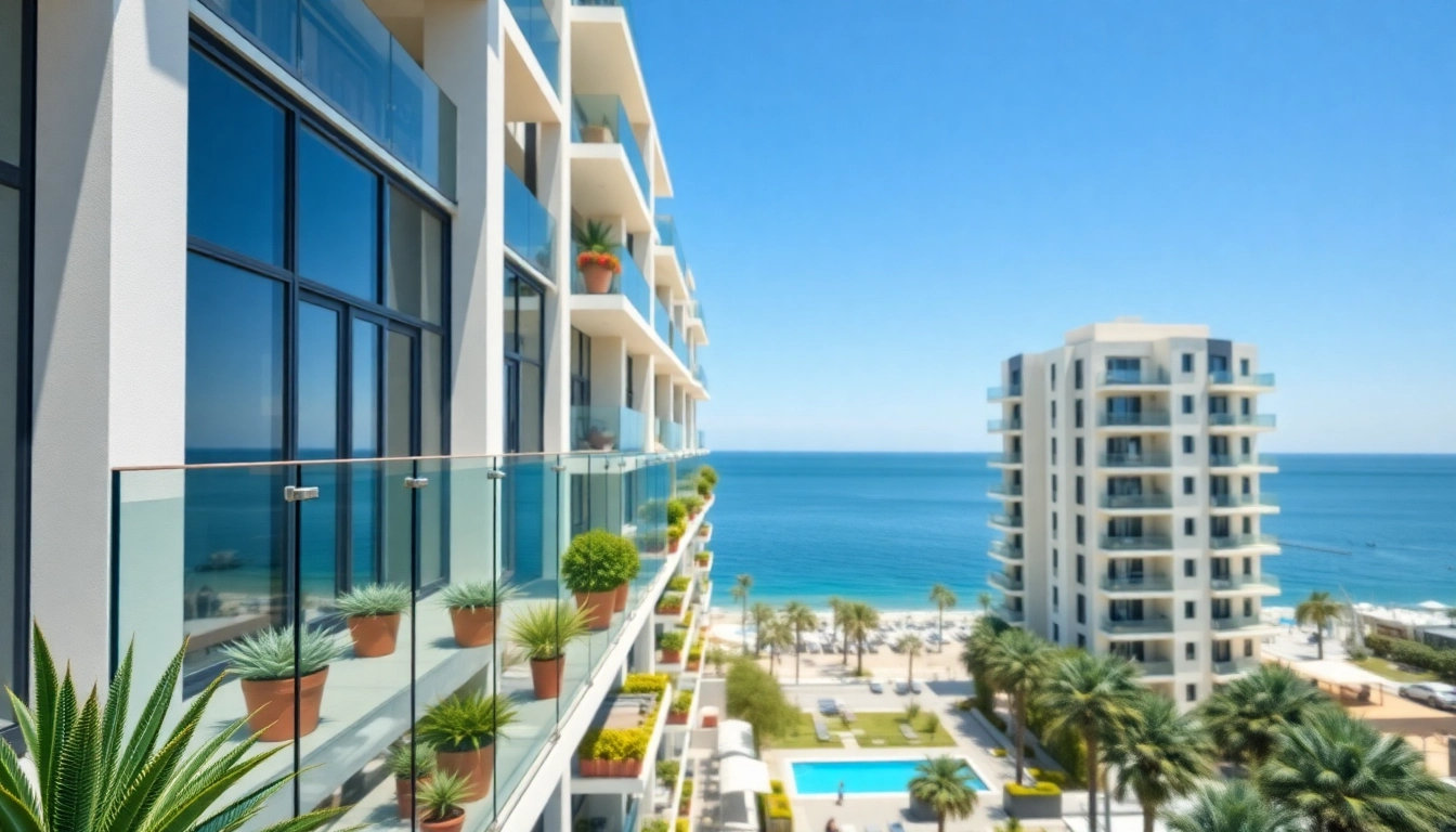 A beautiful view of modern apartments for sale in Alanya, Turkey, overlooking the Mediterranean Sea.
