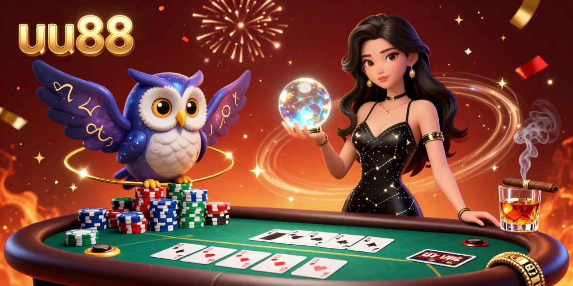 Experience the excitement of uu88 casino with a stunning woman in a black gown amidst poker games and celebratory elements.