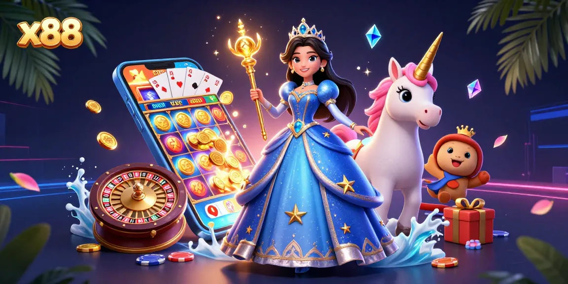 Engage with x88 as stunning woman and unicorn illuminate the vibrant casino scene filled with dynamic gaming elements.