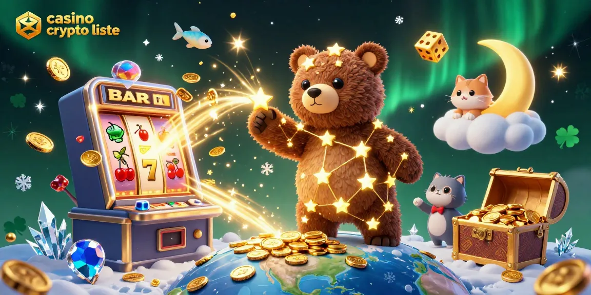 Visualisez la liste des casinos crypto avec un ours constellation attrapant des pièces d'or, enrichi d'éléments de jeux dynamiques.