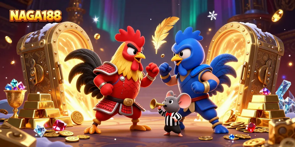NAGA188 menampilkan pertarungan menarik antara ayam jantan 3D dalam armor samurai merah dan ninja biru.