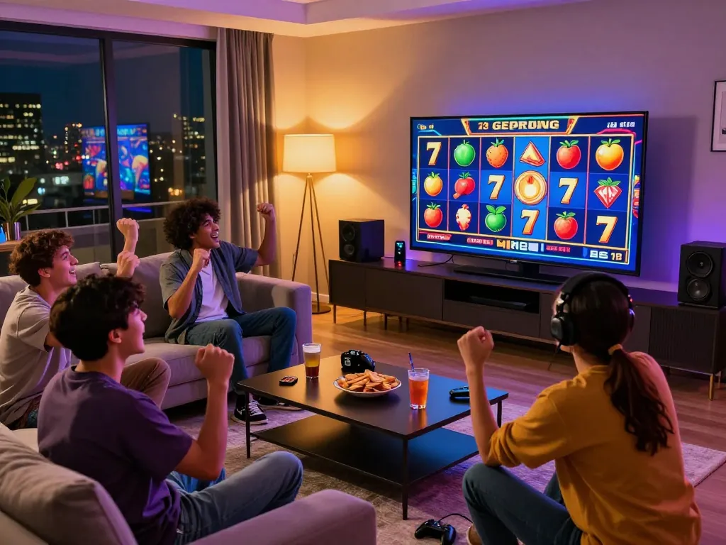 Situs slot gacor malam permainan dengan teman-teman menikmati slot online di layar besar, camilan dan minuman di meja kopi di ruang tamu yang penuh warna.