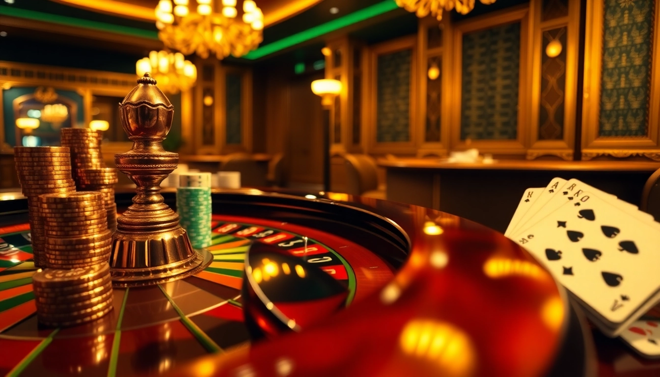 Découvrez l'excitation du 'casino en ligne' avec une roulette dynamique, des cartes de poker et des jetons affichés dans un casino haut de gamme.