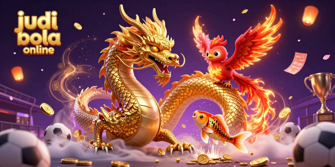Engage in judi bola online with a fierce dragon, phoenix, and koi fish amidst vibrant betting elements.