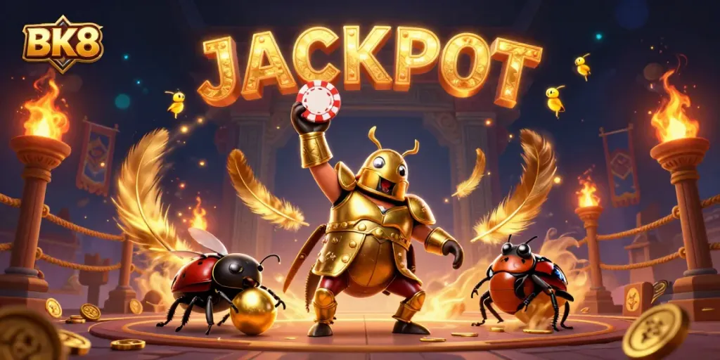 Engage with BK8's gaming excitement as a hero beetle lifts a poker chip amidst gold and firefly magic.