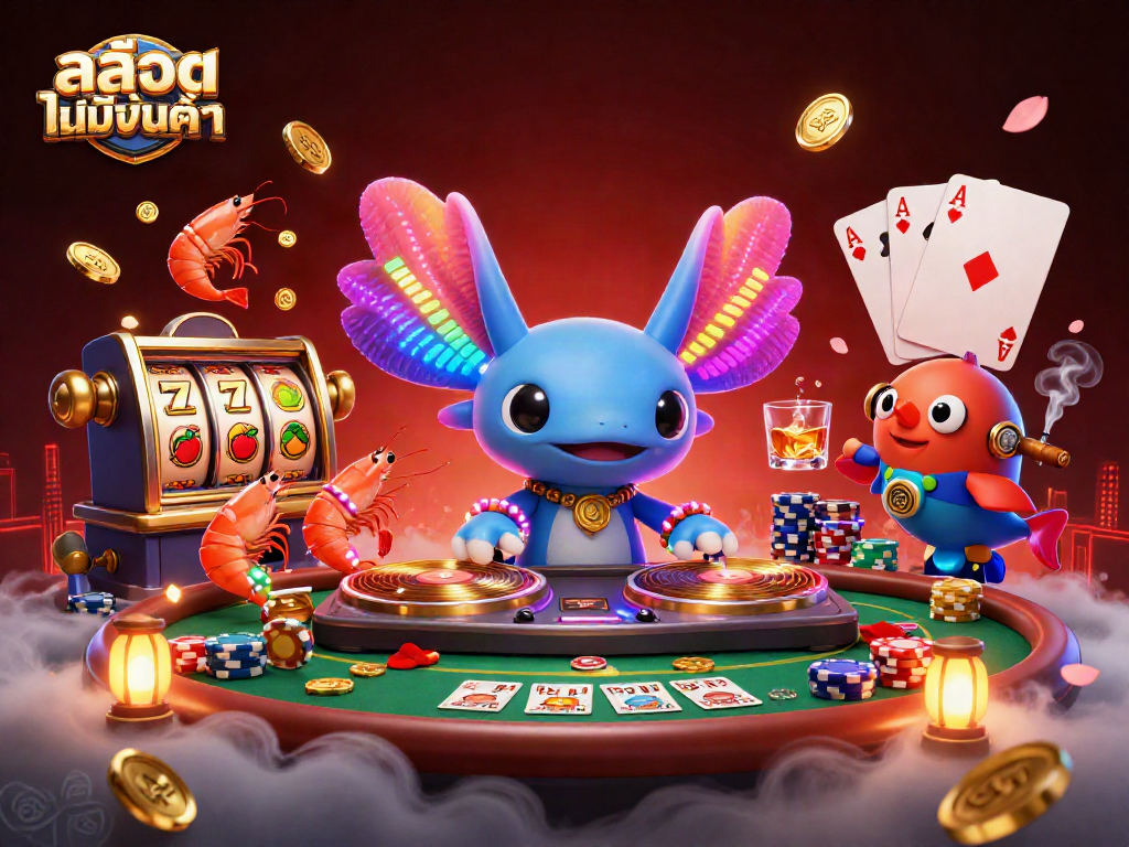 Engage in exciting สล็อตไม่มีขั้นต่ำ gaming with vibrant axolotl DJ and dynamic slot machine visuals.