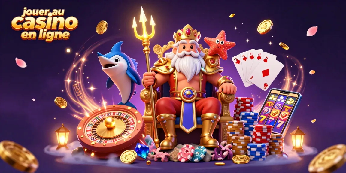 Jouer au casino en ligne avec Neptune et des trésors brillants dans une illustration dynamique
