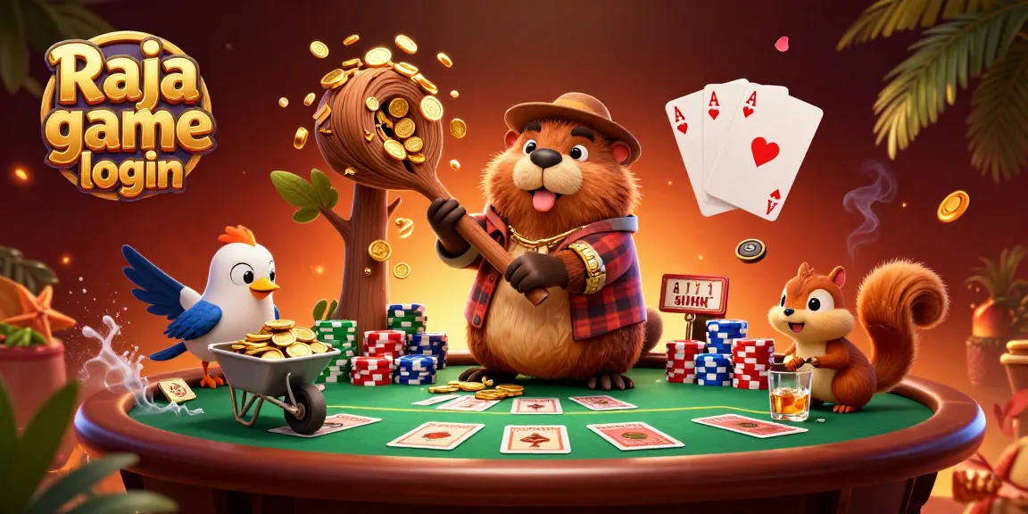 Raja game login scene with beaver, bird, and squirrel collecting gold coins and poker elements.