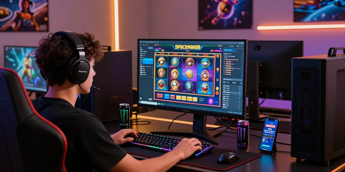 Player enjoying Spaceman88 slot games on a vibrant gaming setup with futuristic elements.