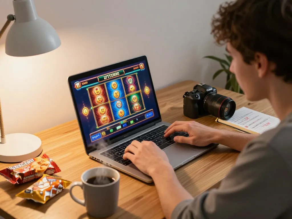 Engaging gameplay on a situs slot gacor online setup, showcasing vibrant slot graphics and warm home atmosphere.