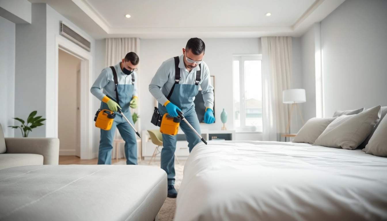 Showcasing bed bug treatment cost through an exterminator team at work in a modern living room environment.