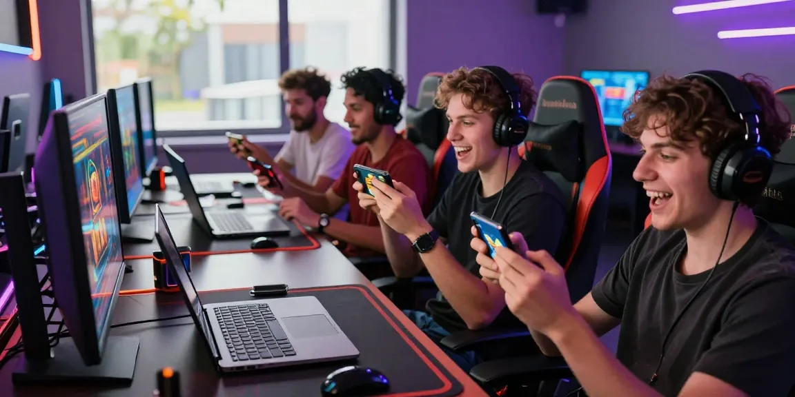 Gamer merayakan kemenangan di platform kudaliar89 dengan latar belakang setup gaming modern dan suasana ceria.