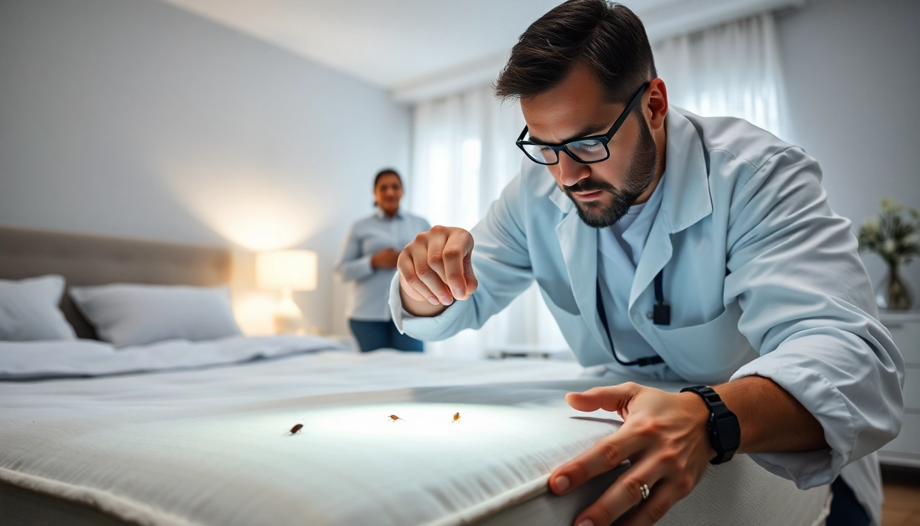 Examine bed bug treatment cost with expert analyzing infestation in a bedroom.