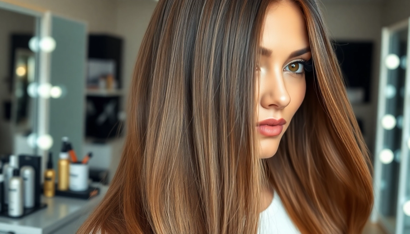 Beautiful model flaunting genius weft hair extensions in a salon environment.