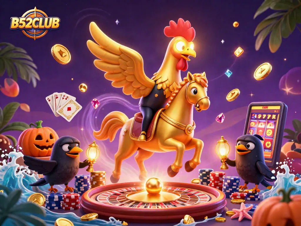 Play exciting casino games at B52CLUB with golden rooster and lanterns illuminating the scene.