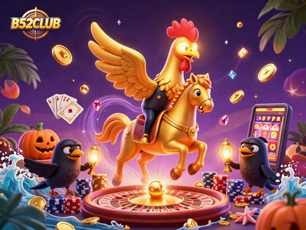 Play exciting casino games at B52CLUB with golden rooster and lanterns illuminating the scene.