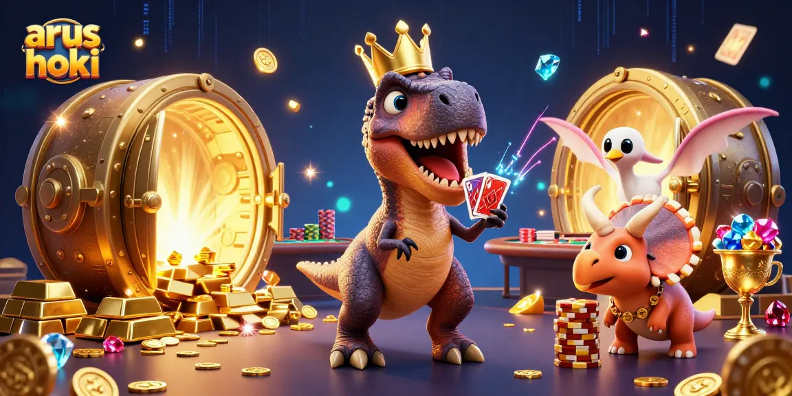 Permainan kartu arus hoki dengan karakter lucu T-Rex, pterodactyl, dan triceratops yang menumpuk chip emas.