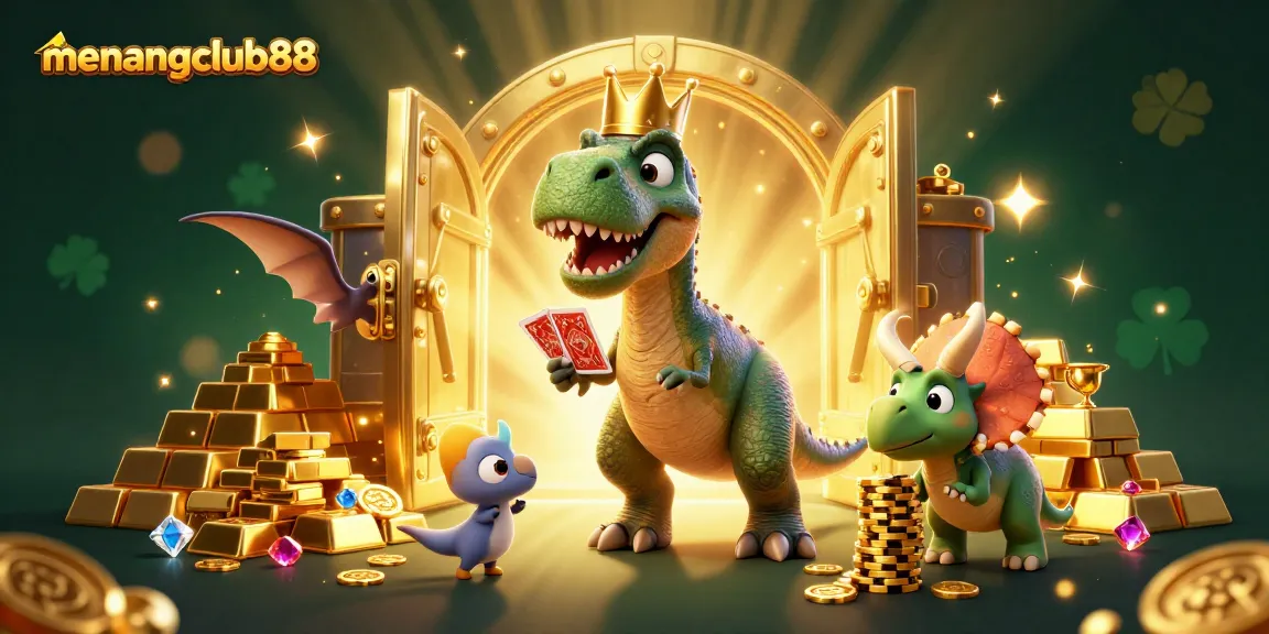 Experience the excitement of menangclub88 with T-Rex and friends in a vibrant casino scene.