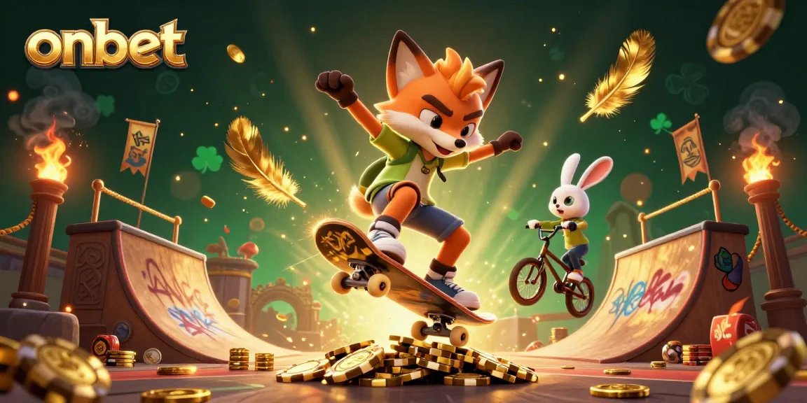 Experience the thrill of onbet with a dynamic skateboarding fox and BMX rabbit in a casino-themed scene.