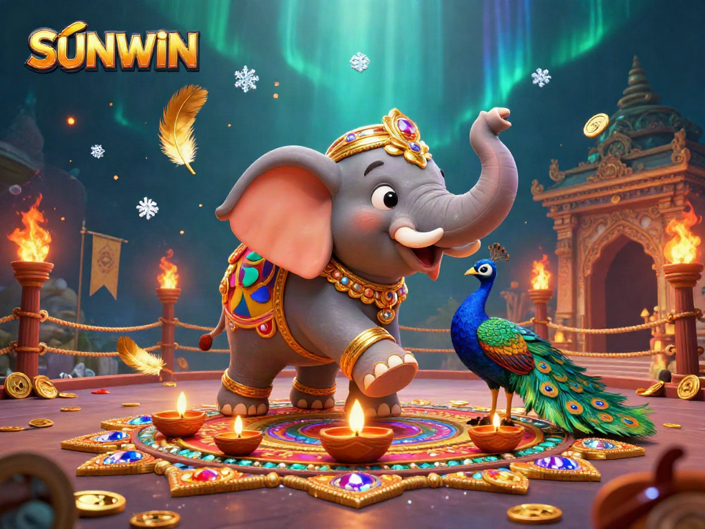 SUNWIN offers a colorful casino experience featuring games and winning tokens in a vibrant, dynamic scene.