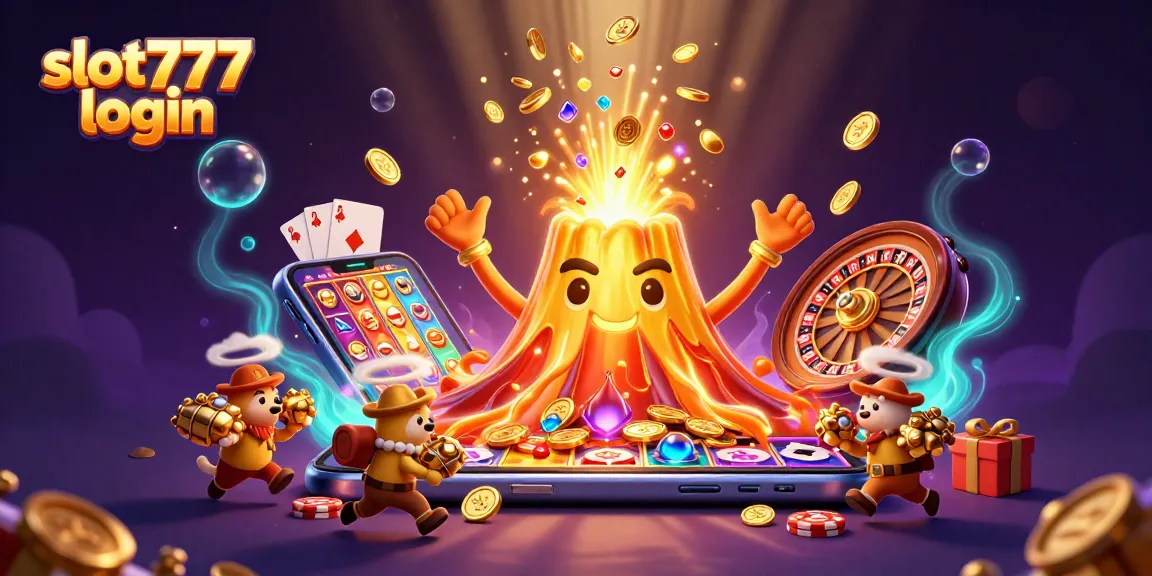 Mengakses slot777 login dengan fitur slot berwarna-warni dan harta karun yang mengalir dari gunung berapi 3D