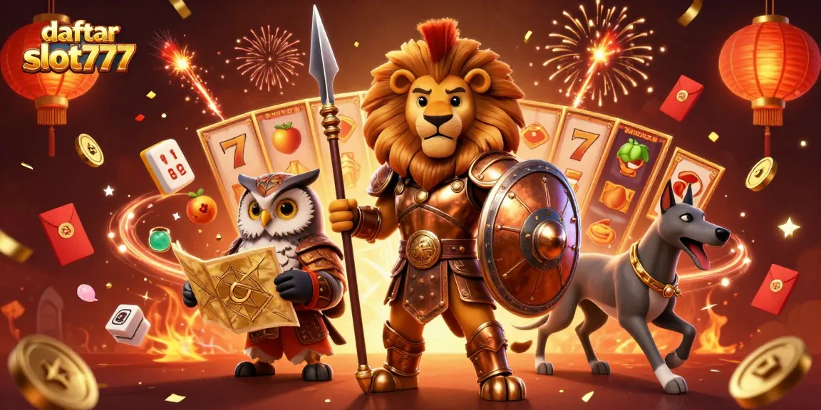 Spin jackpots and win at daftar slot777, featuring a cartoon lion and dynamic casino elements.
