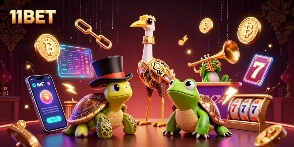 Experience the excitement of winning at 11BET with a dynamic 3D casino scene featuring animated characters and crypto elements.