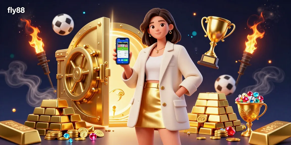 Engage with fly88's exciting sports betting scene featuring a woman with a smartphone, gold treasures, and dynamic objects.