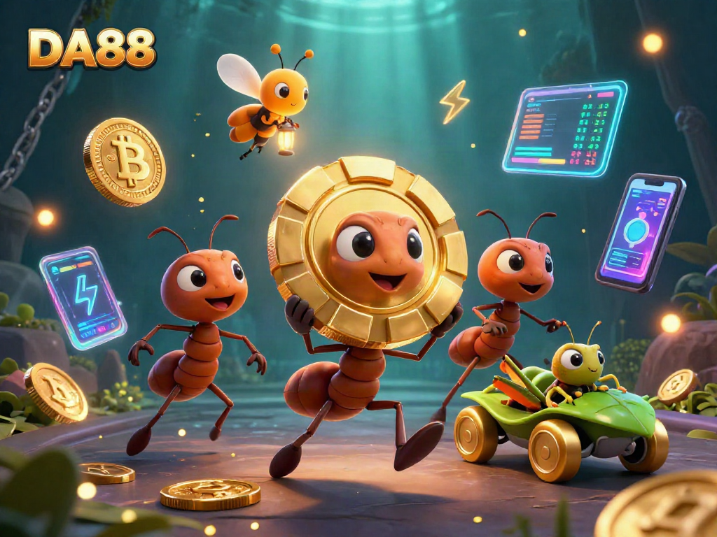 See DA88 team of ants heist with golden poker chip in a lively casino-themed illustration.