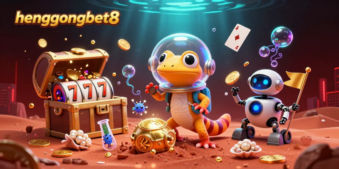 Experience the adventure of hengongbet8 with a Martian gecko uncovering a golden casino, full of vibrant gaming elements.